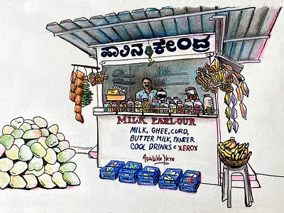 Milk parlour colored pencil drawing illustration india mixed media pen