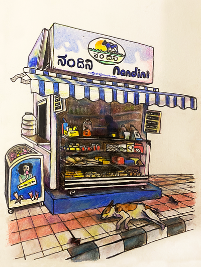 Afternoon shop scene in Bangalore colored pencil drawing illustration india mixed media pen travel