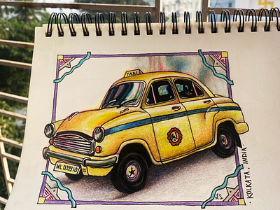 Ambassador taxi in Kolkata colored pencil drawing illustration india kolkata micron pens mixed media pen taxi