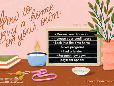 Buy a Home on Your Own buy candle hand lettering home home owner illustration keys plant real estate table