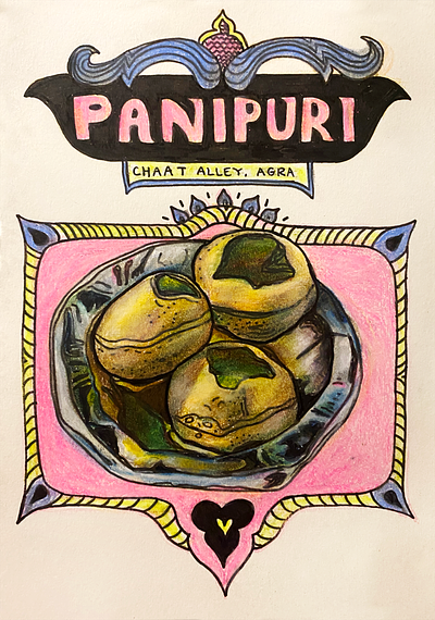 Street food of India: Panipuri colored pencil drawing food illustration india indian food micron pen mixed media panipuri pen street food