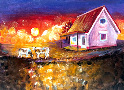 Original acrylic painting Ukraine, Cows near House, Ukrainian n animals art cows hand painted handmade house paint painting ukraine