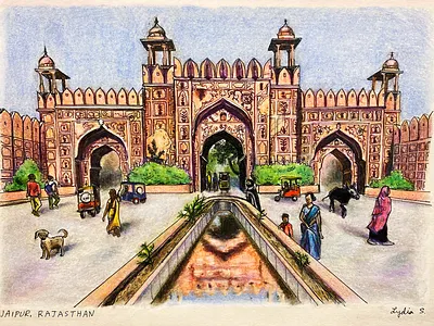 Jaipur Sun Gate architecture colored pencil drawing illustration jaipur micron pen mixed media pen pink city