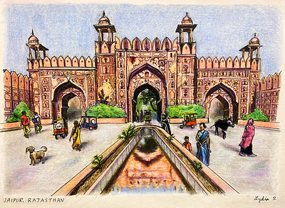 Jaipur Sun Gate architecture colored pencil drawing illustration jaipur micron pen mixed media pen pink city