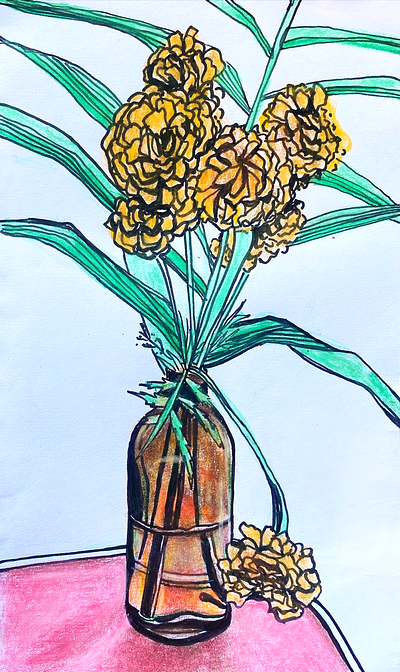 Marigolds in Mexico colored pencil flowers illustration marigolds mexico mixed media pen still life vase
