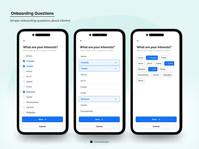 Questions Variations - Onboarding app blue checkbox design figma interest list mobile onboard questions select tags typography ui uncheck ux variations