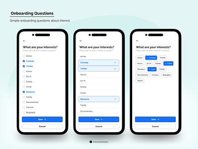 Questions Variations - Onboarding app blue checkbox design figma interest list mobile onboard questions select tags typography ui uncheck ux variations