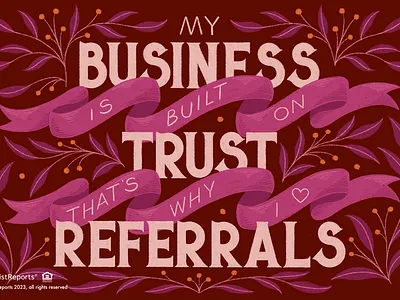 Referrals business flowers foliage hand lettering illustration leaves ribbon