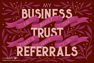Referrals business flowers foliage hand lettering illustration leaves ribbon