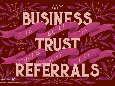 Referrals business flowers foliage hand lettering illustration leaves ribbon