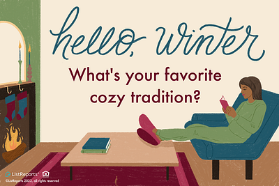 Hello, Winter christmas cozy fireplace hand lettering holidays illustration mantle pajamas reading stockings winter