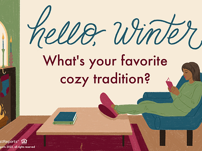 Hello, Winter christmas cozy fireplace hand lettering holidays illustration mantle pajamas reading stockings winter