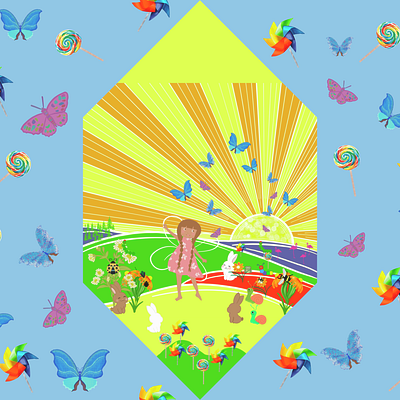 Fanny's landing and Welcome blue bright bugs bunnies butterflies caterpillars characters fairy illustration insects kids lollipop pastel pinwheel sunshine yellow