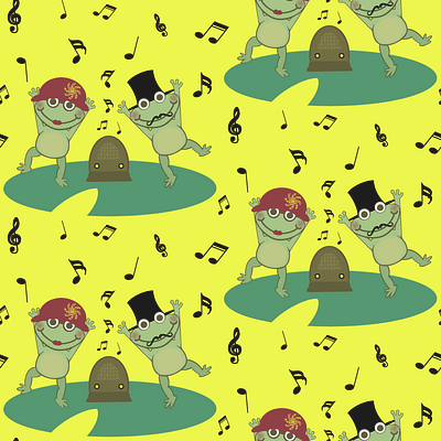 Pond Party bright characters fabric frogs fun green hats illustration kids lily pads music party radio seamless pattern yellow