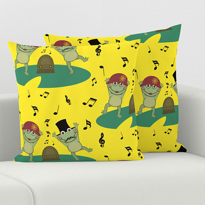 Pond Party Throw Pillows bright characters children cute dance fabric fun green hats illustration kids lily pad music party pillows playful radio spoonflower yellow