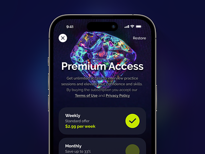 Premium Access – Subscription Paywall Design annual app design in app in app purchase mobile app mobile app design monthly payment options paywall premium premium access review guidelines subscribe subscription subscription paywall subscriptions ux design weekly yearly