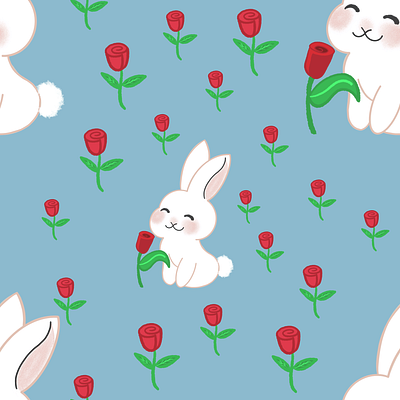 Rose Garden Bunny blue bunny characters cute fabric flowers illustration kids red rose spoonflower surface design white