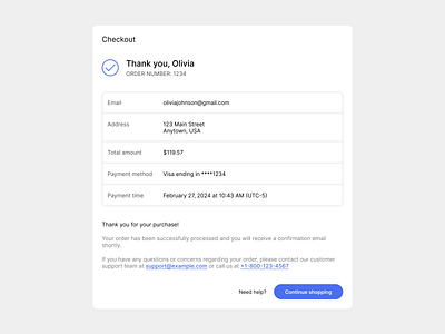 Order confirmation address information branding checkout continue shopping design design exploration figma order confirmation order number payment method product design ui ui design ux ux design web design website