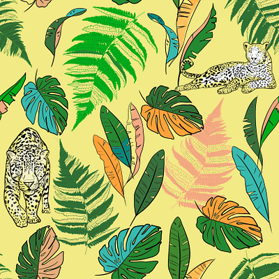 Surface pattern design To the Jungle background design floral pattern green hand drawn illustraion illustration jaguar pattern jungle pattern leaves pattern pattern pattern design print print design seamless textile pattern typography ui watercolor yellow