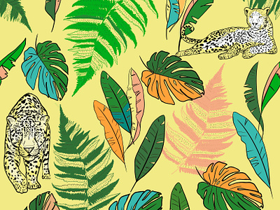 Surface pattern design To the Jungle background design floral pattern green hand drawn illustraion illustration jaguar pattern jungle pattern leaves pattern pattern pattern design print print design seamless textile pattern typography ui watercolor yellow
