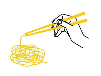 Two Sticks, Endless Possibilities black chopsticks chris rooney dine eat fingers food hand hands illustration noodle thumb white yellow