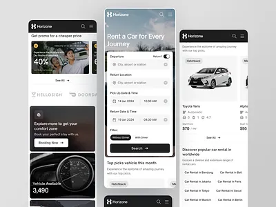 Horizone - Car Rental Page (Responsive) adventure booking car car rental clean journey modern staycation ticket travel traveller travelling vehicle web web design website world