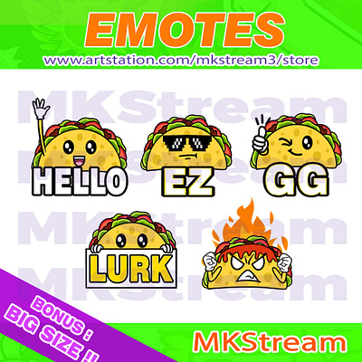 Twitch emotes taco hello, gg, ez, lurk & rage pack animated emotes anime cute design eat emote emotes ez gg graphic design hello illustration logo motion graphics rage sub badge taco taco emotes tacos twitch emotes