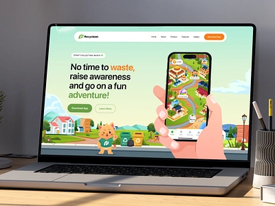 Recyclean: Landing Page Design 🌟 app clean design education game graphic design illustration landing page management map mobile mockup nature orely productivity quiz ui waste web design website
