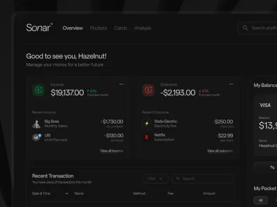 Sonarº - Money Management Dashboard app branding dark darkmode dashboard design figma finance landing page logo mode money online page saas simple ui user interface web website