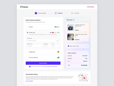 Payment process stage page UI- Treva card checkout page clean design minimal payment payment card payment method payment screen processing stage product checkout saas ui ux webdesign