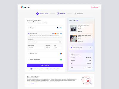 Payment process stage page UI- Treva card checkout page clean design minimal payment payment card payment method payment screen processing stage product checkout saas ui ux webdesign