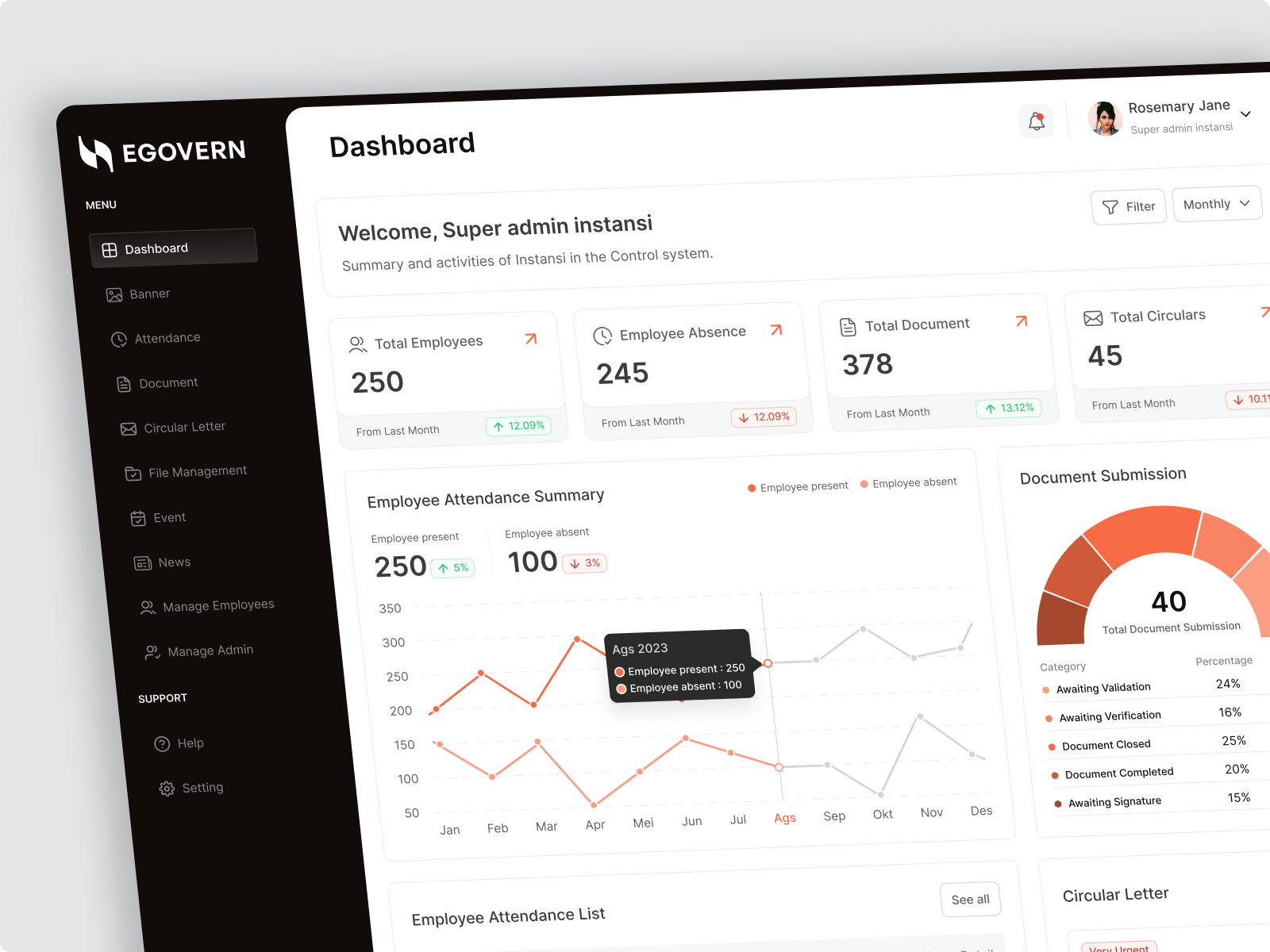 Egovern - Backoffice Web App analytics attendance app backoffice business dashboard document management e office employee government office management productivity tools project coordination project management statistics super app task management web app work app work efficiency work management app