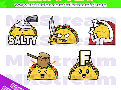 Twitch emotes taco salty, comfy, hammer, f & evil pack animated emotes anime ban comfy cute design emotes evil f illustration knife logo mammer salty sleep sub badge taco taco emotes tacos twitch emotes