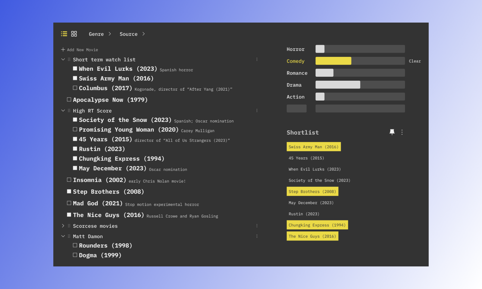 Movie Shortlist minimalism minimalist movie movies shortlist to watch ui ux watch later watchlist
