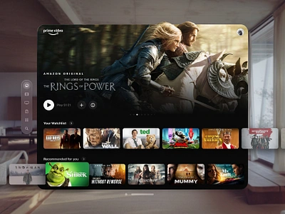 Prime Video for Vision OS - Streaming App Redesign Concept (Free apple vision pro ar app dark ui disney disney plus hbo hbomax netflix prime video product design spatial app spatial computing spatial ui streaming app streaming platform video streaming vision pro visionos visionos app vr app