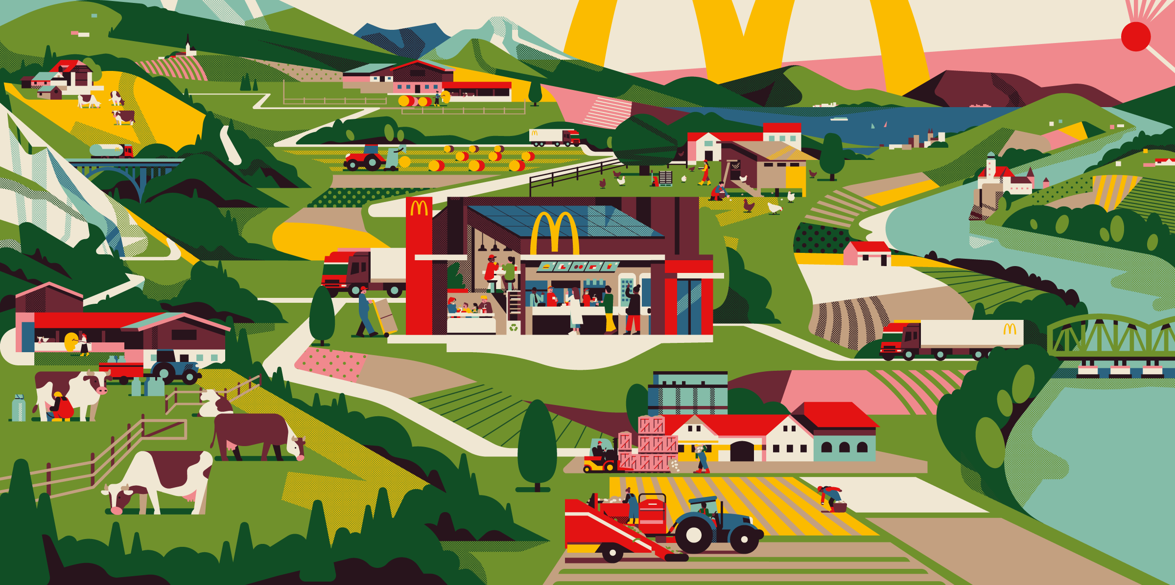 McDonald's Austria agriculture austria colorful countryside crops farm food illustration landscape mcdonalds mountain nature potato restaurant river supply vector