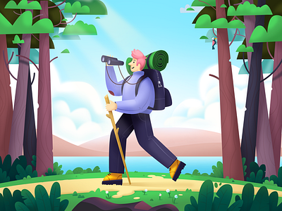 Outdoor activity 2d binoculars cartoon character design forest graphic design illustration lake landscape tree walk