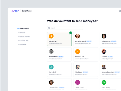 Arto Plus - Send Money Flow - Select Contact contact financial app management payment product design saas design send money ui ux web design