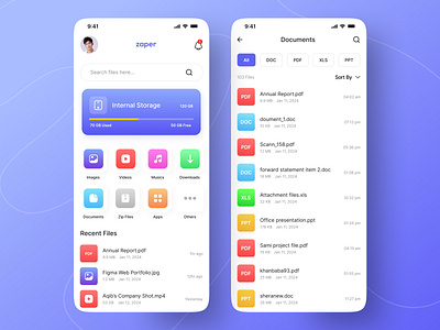 File Manager App Ui appdesign cloudintegration design designinspiration digitalorganization docapp documentmanagement documentsharing filemanager fileorganization filesharing pptx purple purplethemeapp trending ui userinterface ux