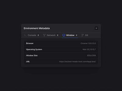 Environment Metadata Dialog for tunnel.dev buttons dark mode development dialog modal tab