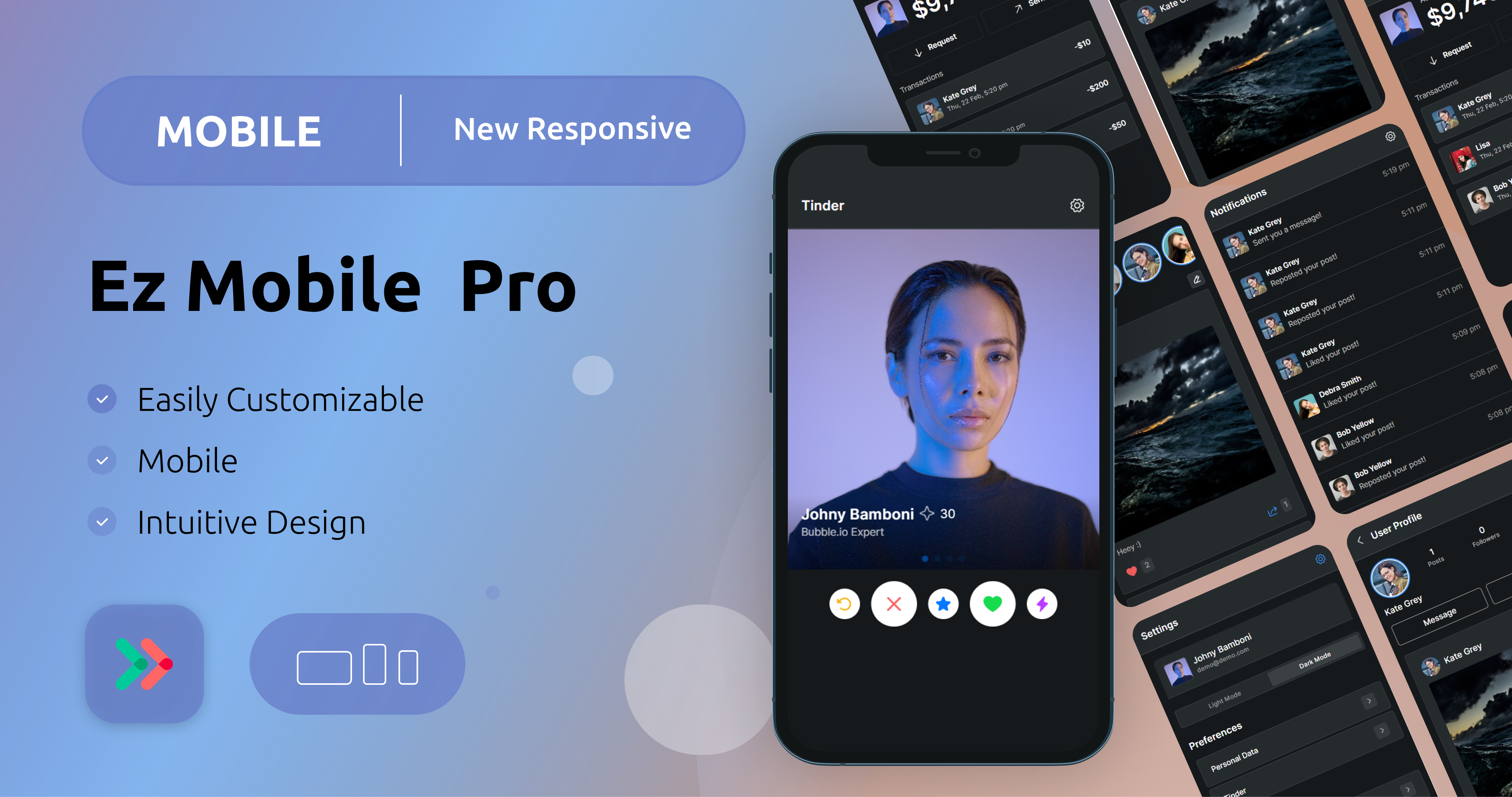 Ez Mobile App Pro Web Template bubble.io design eazycode mobile mobile app nocode social tinder web template