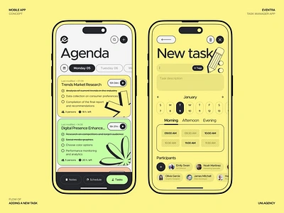 Adding a new task flow for mobile app Eventra agency app application branding design draw elements flow graphics illustration manager mobile popular task top trand typography ui ux yellow