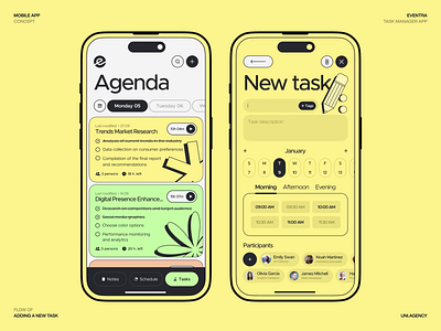 Adding a new task flow for mobile app Eventra agency app application branding design draw elements flow graphics illustration manager mobile popular task top trand typography ui ux yellow