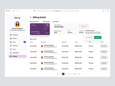 Billing Details Page billing cancel card clean creative dashboard design minimal nav navigation payment card payments plans preferences product design settings table tabs ui ux