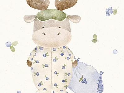 Blueberry Moose Kid Illustration baby animal illustration baby illustration baby moose blueberry book illustration character design children illustration children seamless texture cute illustration design digital illustration forest animal illustration kid illustration kidlitart kidlitillustration kids fabric moose illustration procreate seamless pattern