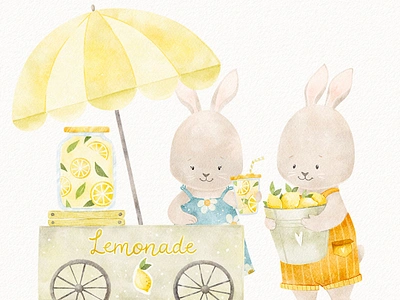 Bunnies and Lemonade Kid Illustration baby illustration book illustration bunny character design children book design children illustration cute illustration design fabric pattern forest animal hare illustration kid illustration kidlitart kids book lemonade lemons procreate seamless texture watercolor illustartion