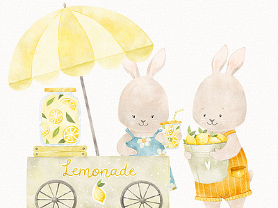 Bunnies and Lemonade Kid Illustration baby illustration book illustration bunny character design children book design children illustration cute illustration design fabric pattern forest animal hare illustration kid illustration kidlitart kids book lemonade lemons procreate seamless texture watercolor illustartion