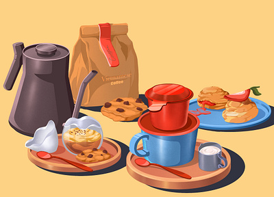 Coffee and more bag breakfast coffee cookies cup deserts eggs coffee food illustration saigon coffee spoon vietnam