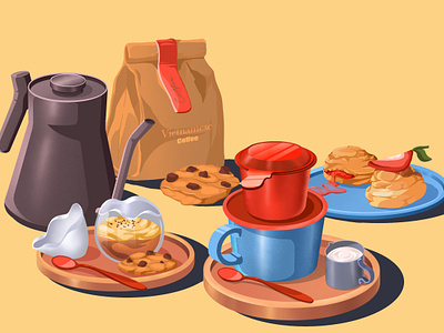 Coffee and more bag breakfast coffee cookies cup deserts eggs coffee food illustration saigon coffee spoon vietnam