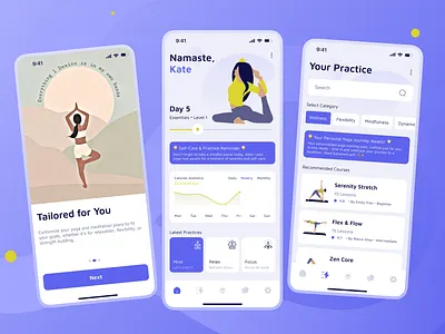Yoga training mobile app achievement calendar calm categories chips education fitness graphic design illustration meditation minimalism progress purple search snackbar sport training ui wellness yoga